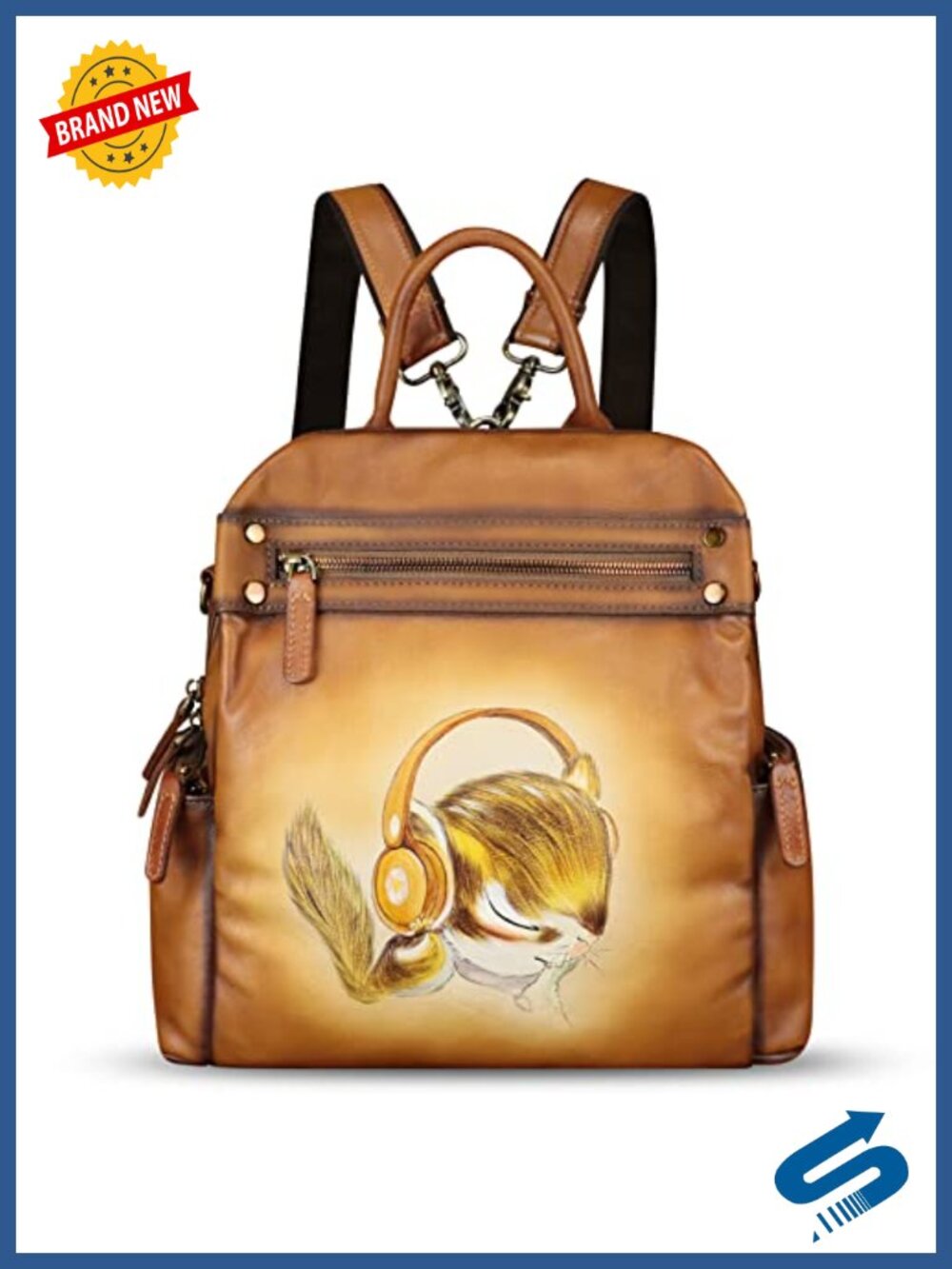 Genuine Leather Backpack Hand Painted Convertible Daypack for Women